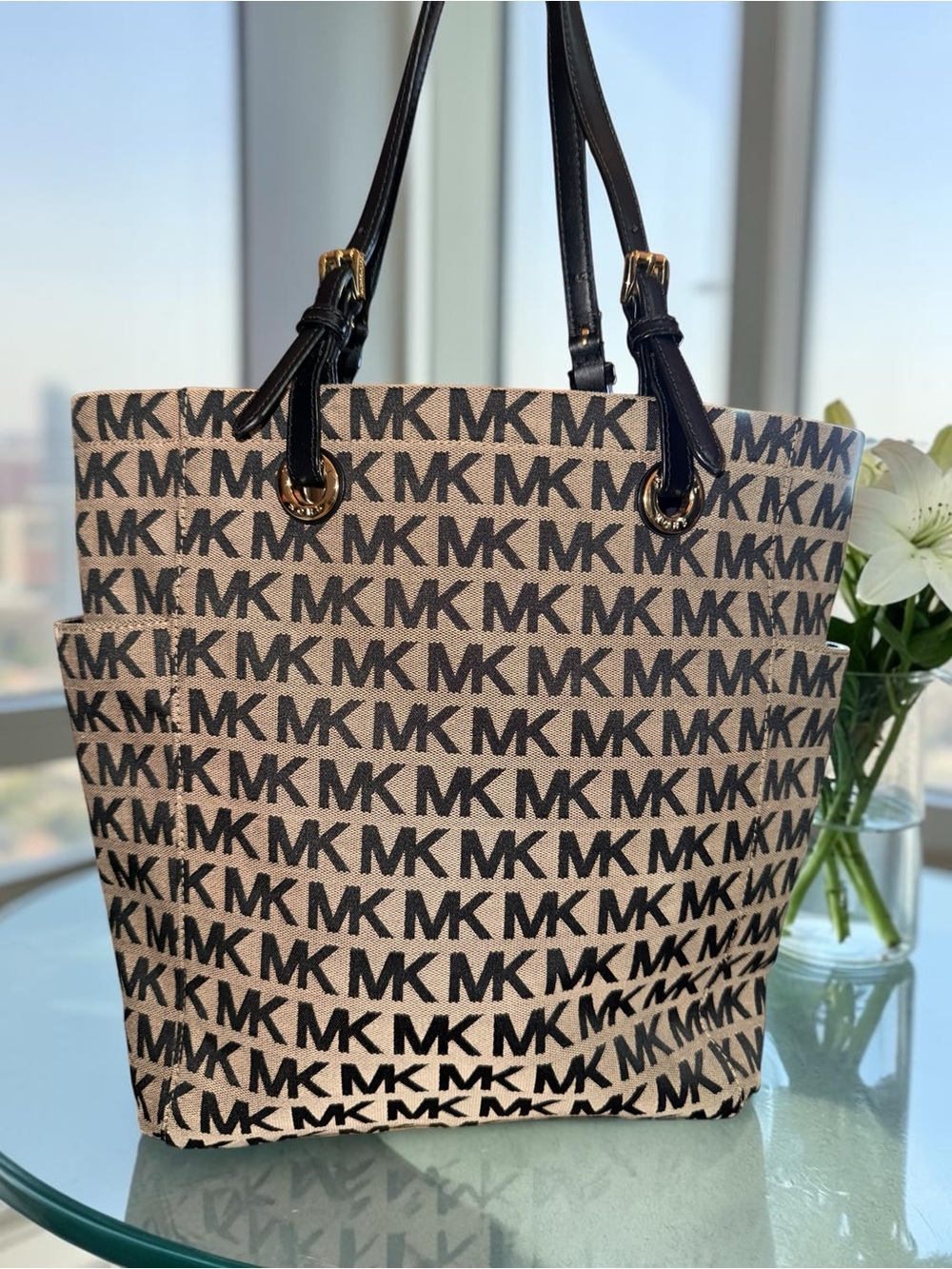 Michael Kors Jet Set Signature Jacquard Tote Bag - Tan & Black